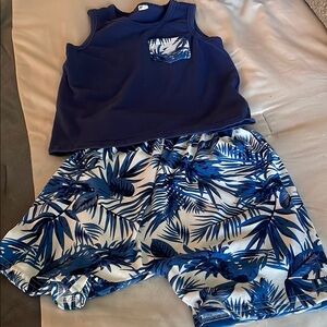 Navy Blue Tank Top & Blue Palm Print Shorts Set